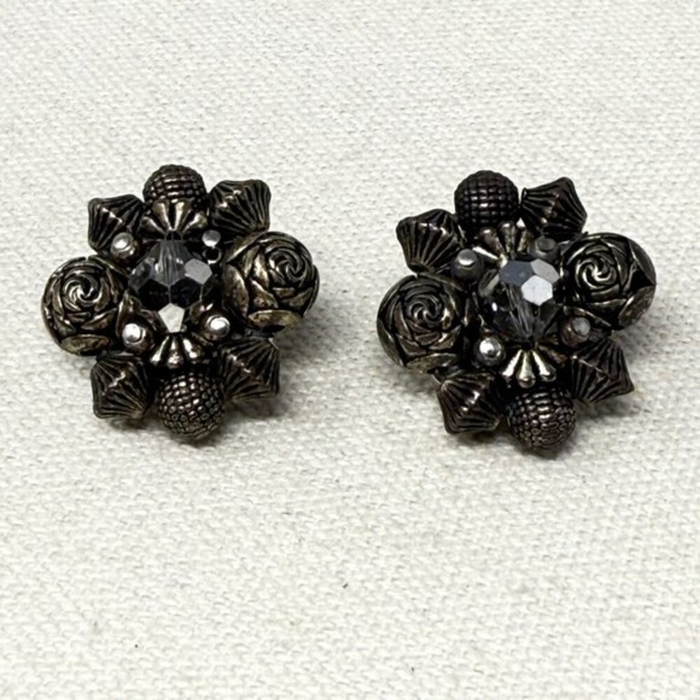 Vintage‎ Bead Cluster Earrings Silver Gray Clip-On Retro Dark Classic